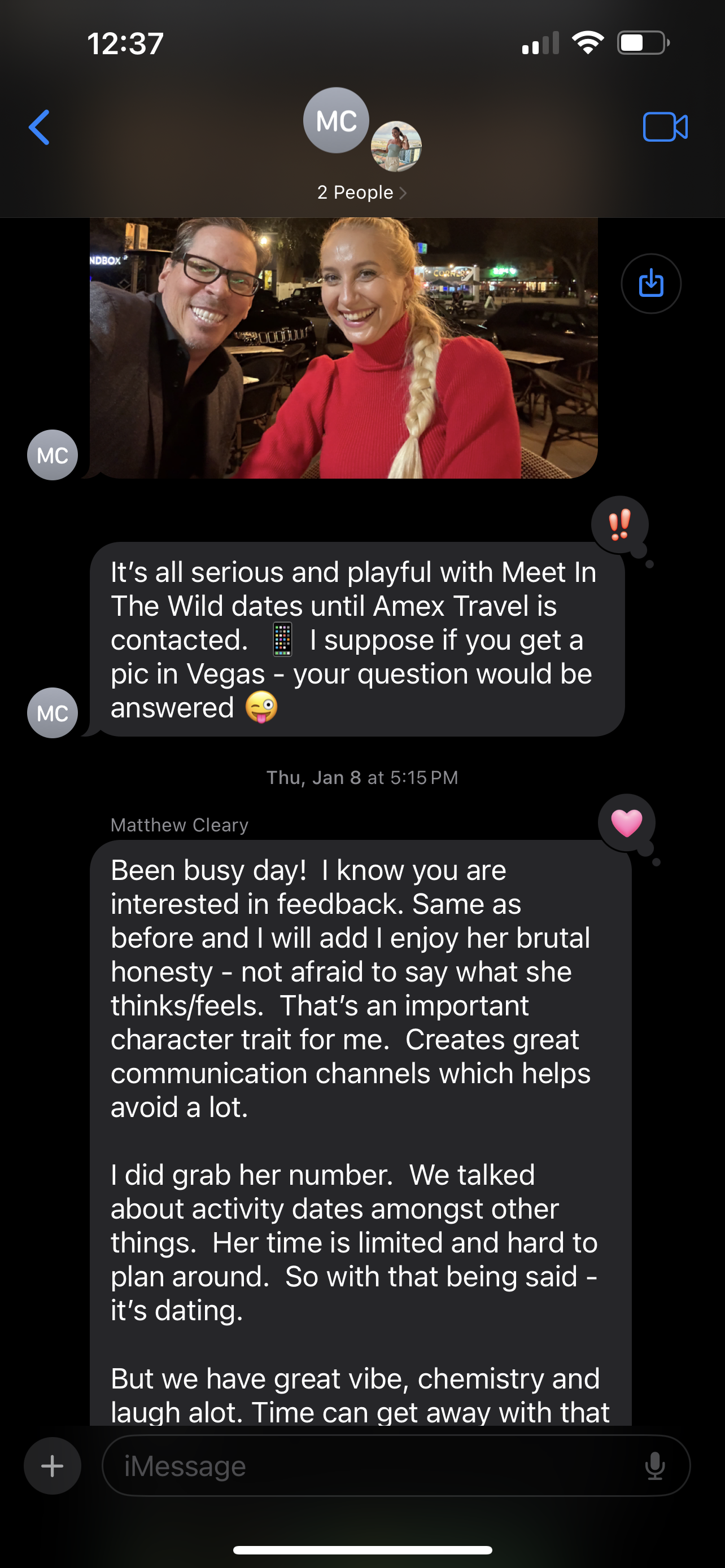 Text message from Matthew — great vibe, chemistry, and laugh a lot with Julia