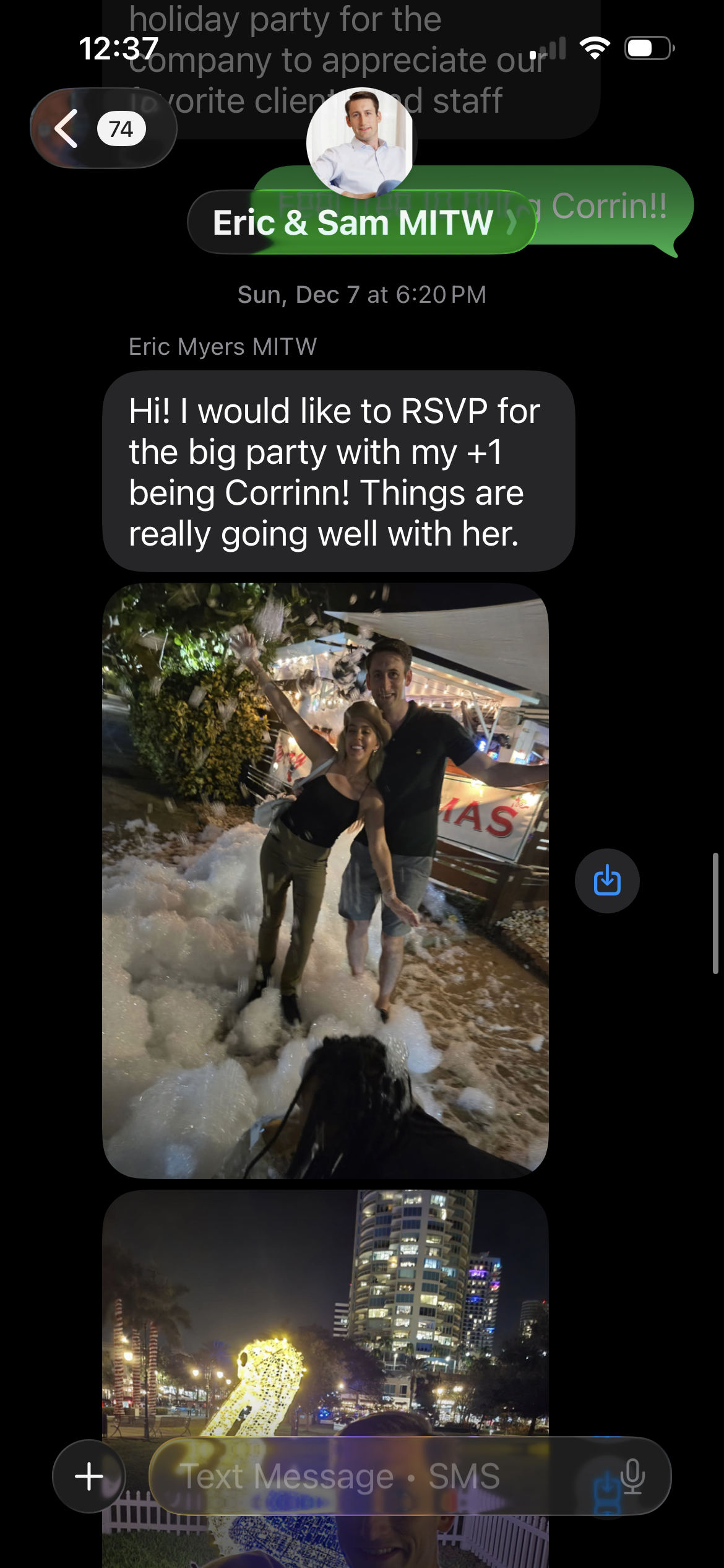 Text message — couple met at Event #43 and are now exclusive