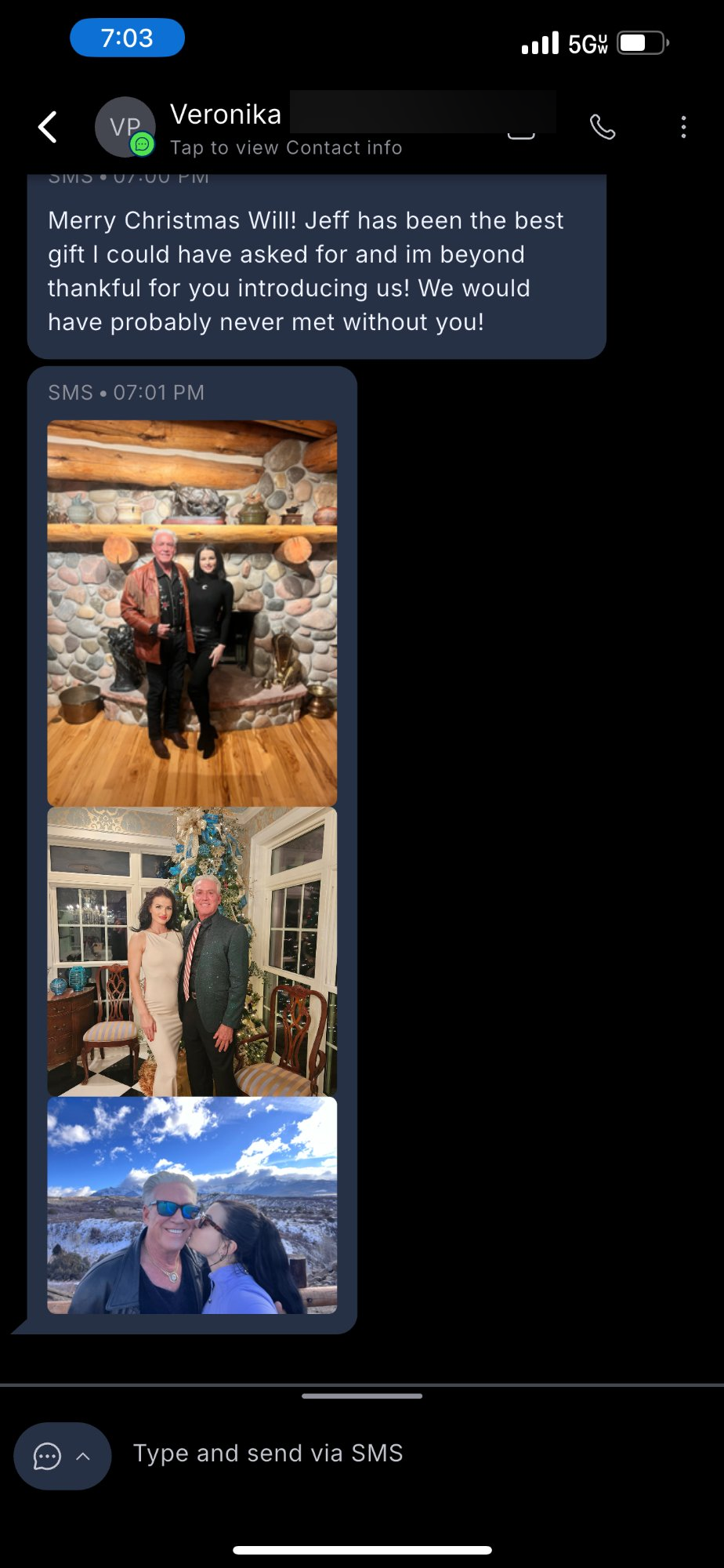 Text message — couple moved in together after meeting at Meet In The Wild