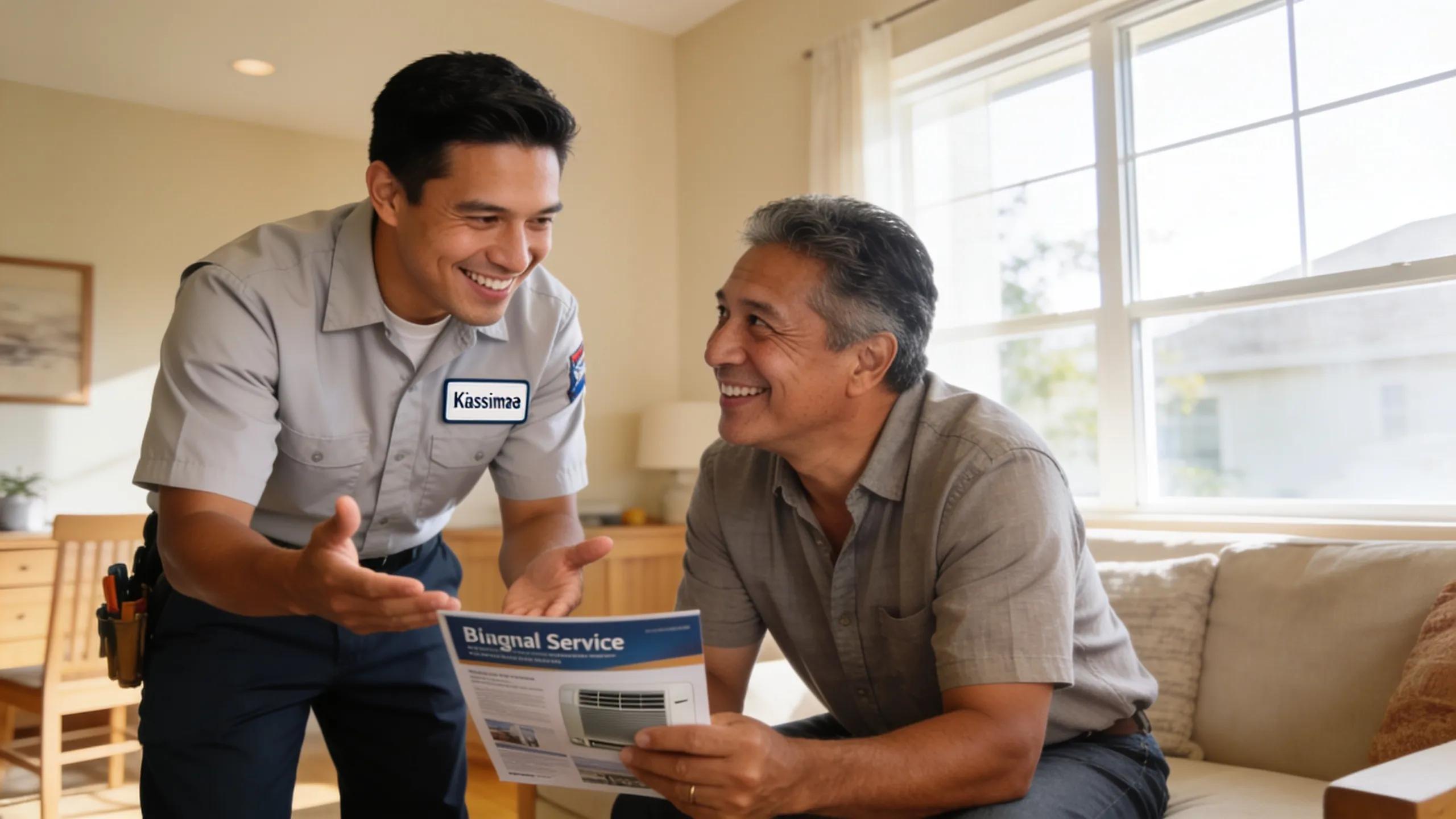 Bilingual Baez & Son technician explaining an AC repair to a Kissimmee homeowner