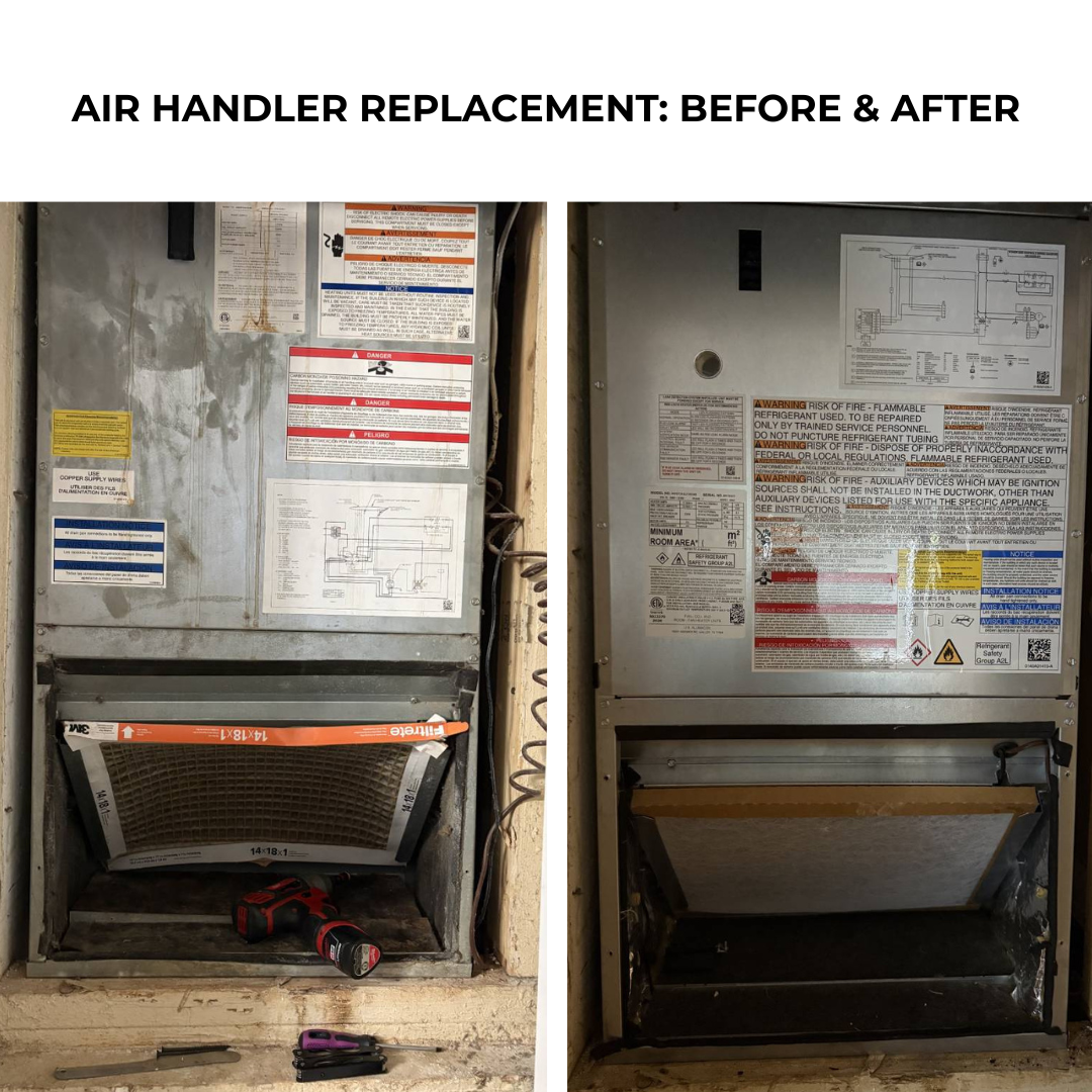 Before and after of an air handler replacement completed by Baez & Son