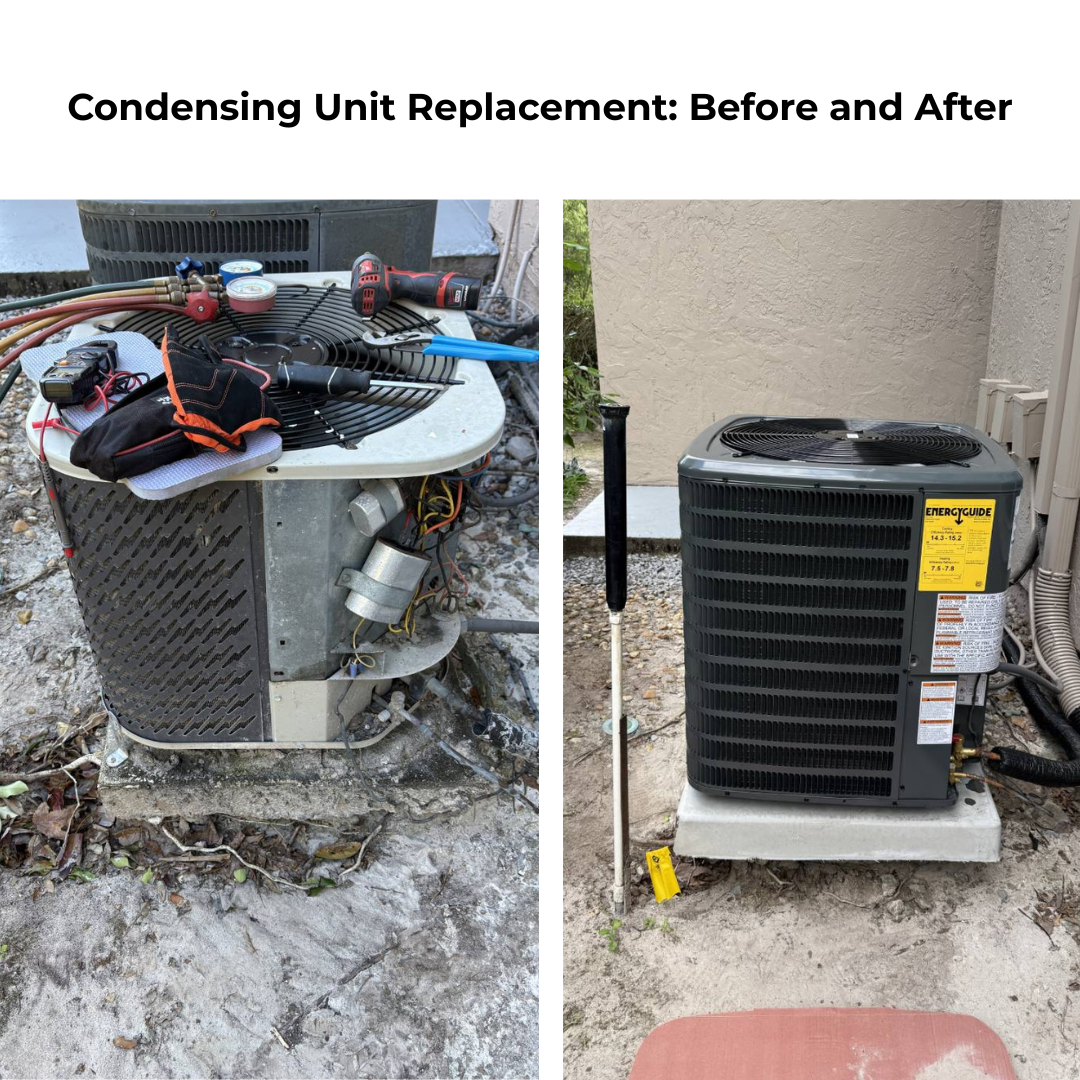 Before and after of a condensing unit replacement by Baez & Son in St. Cloud, FL