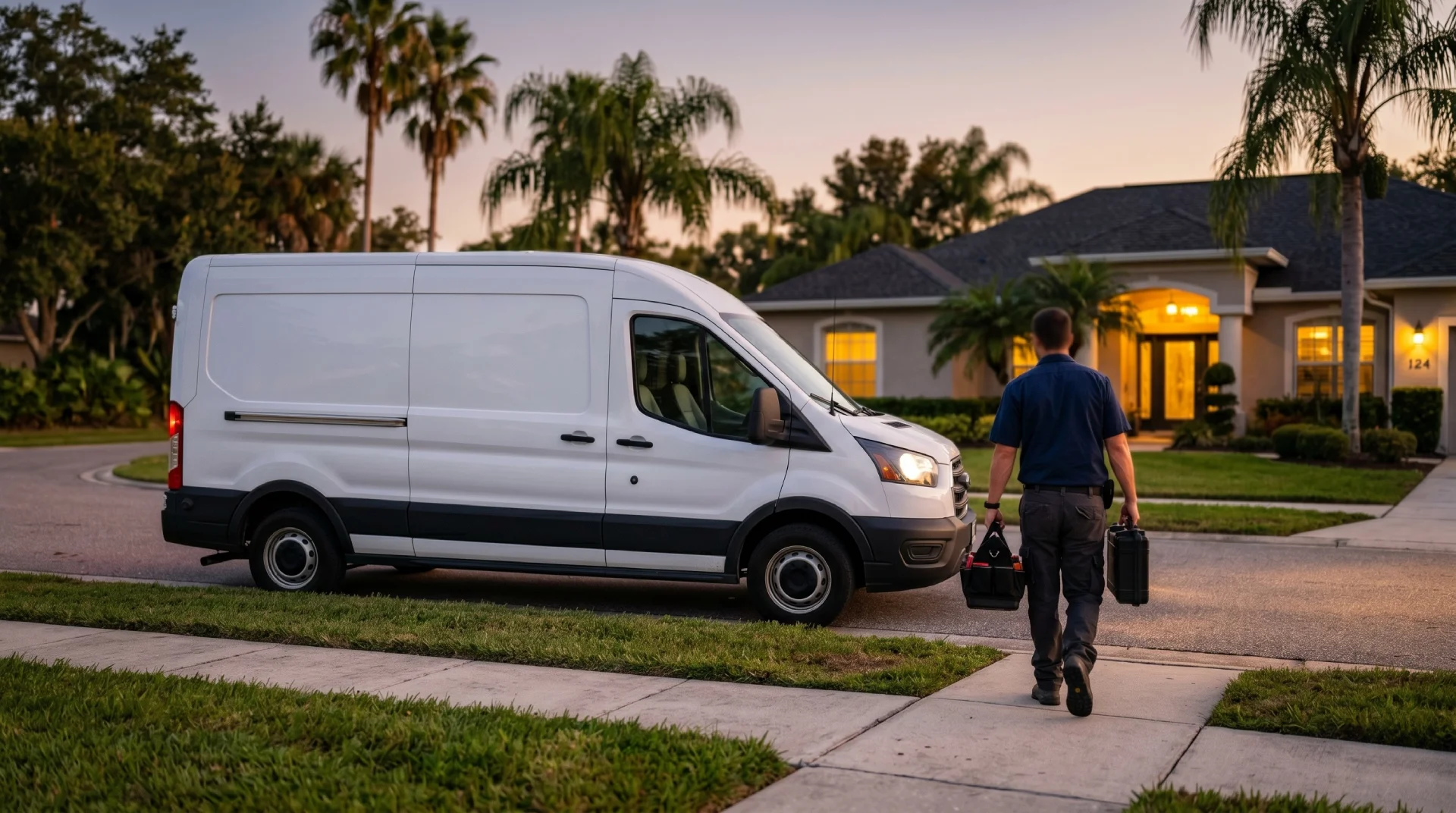 HVAC service van arriving for an emergency AC repair at a St. Cloud, FL home