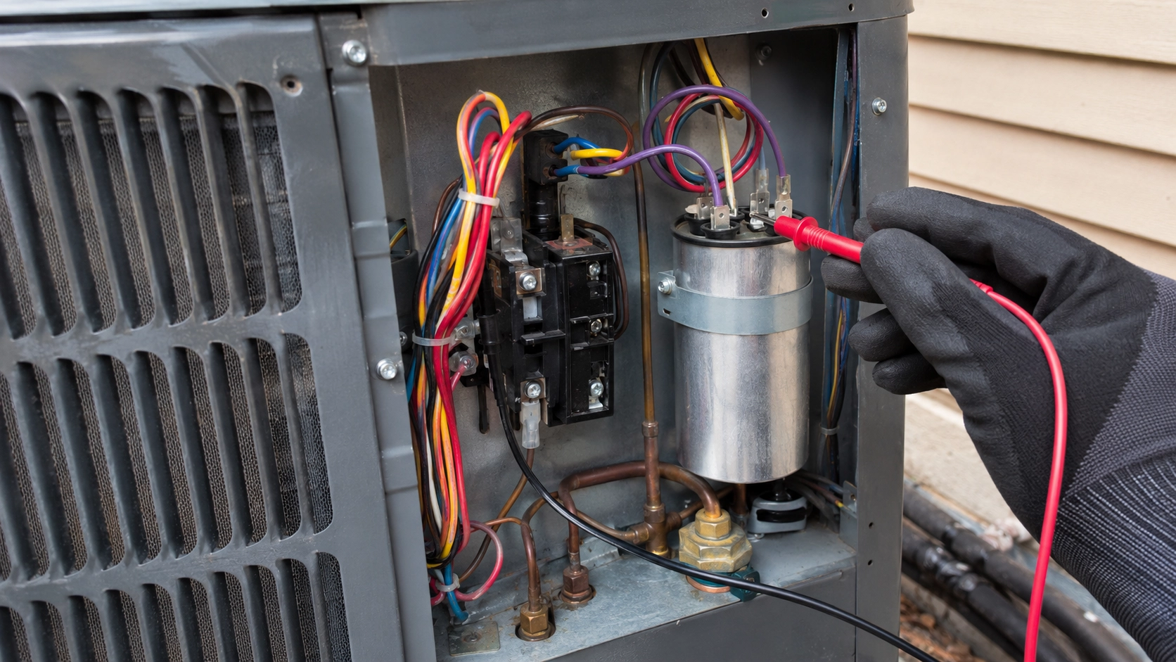 Inside of a residential AC condenser showing the capacitor and wiring that commonly fail in St. Cloud, FL heat