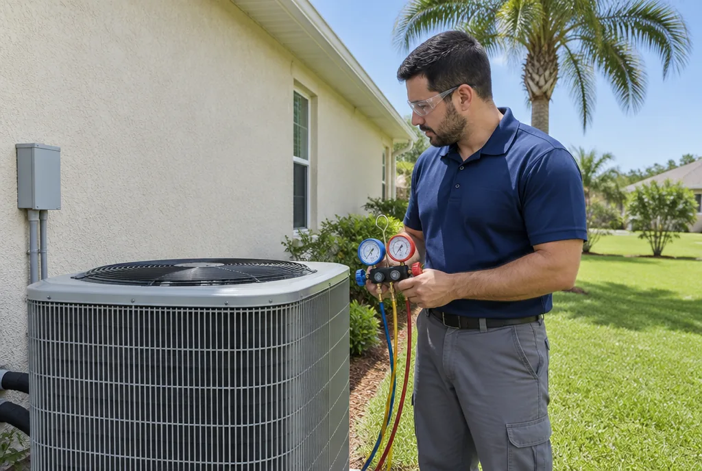 HVAC technician with refrigerant gauges beside an outdoor AC condenser at a Florida home