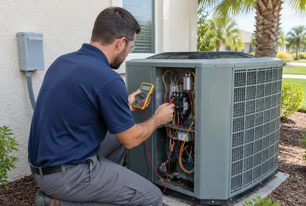HVAC technician testing the wiring of an outdoor AC condenser with a multimeter