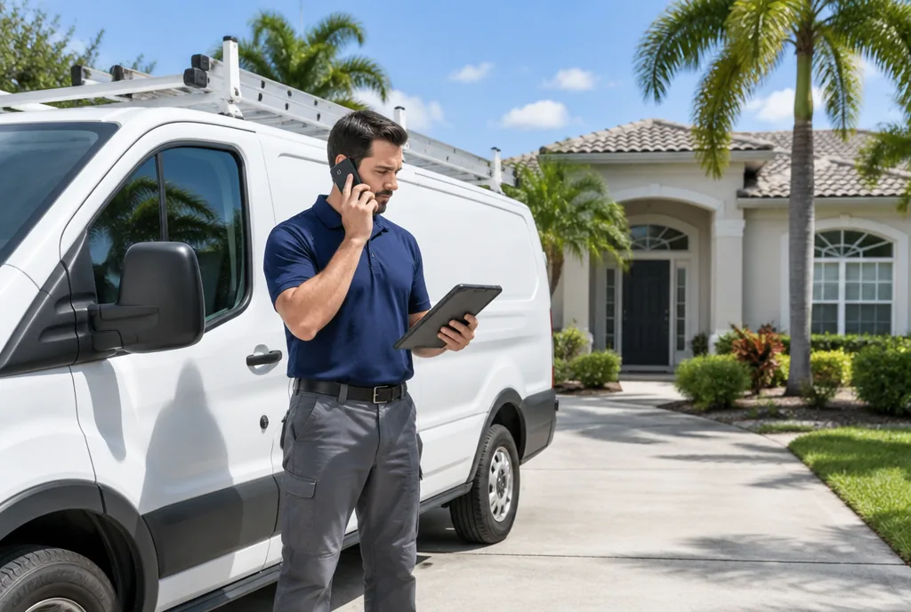 HVAC technician on a phone call holding a tablet beside a white service van in the driveway of a Florida home
