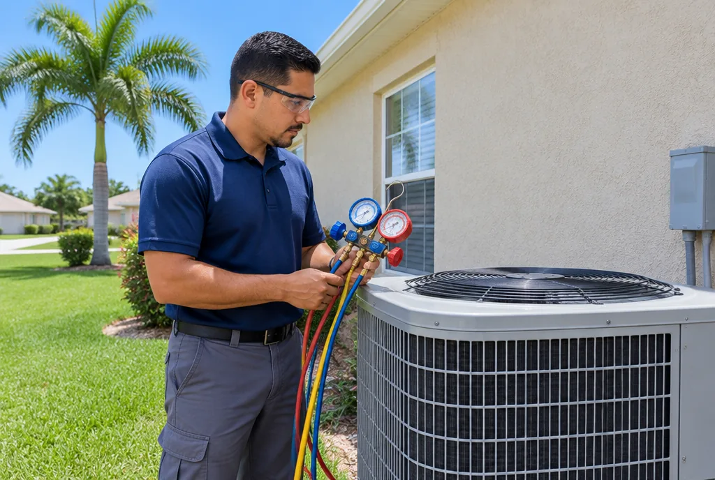Hispanic HVAC technician in safety glasses holding refrigerant gauges beside an outdoor AC condenser at a stucco home