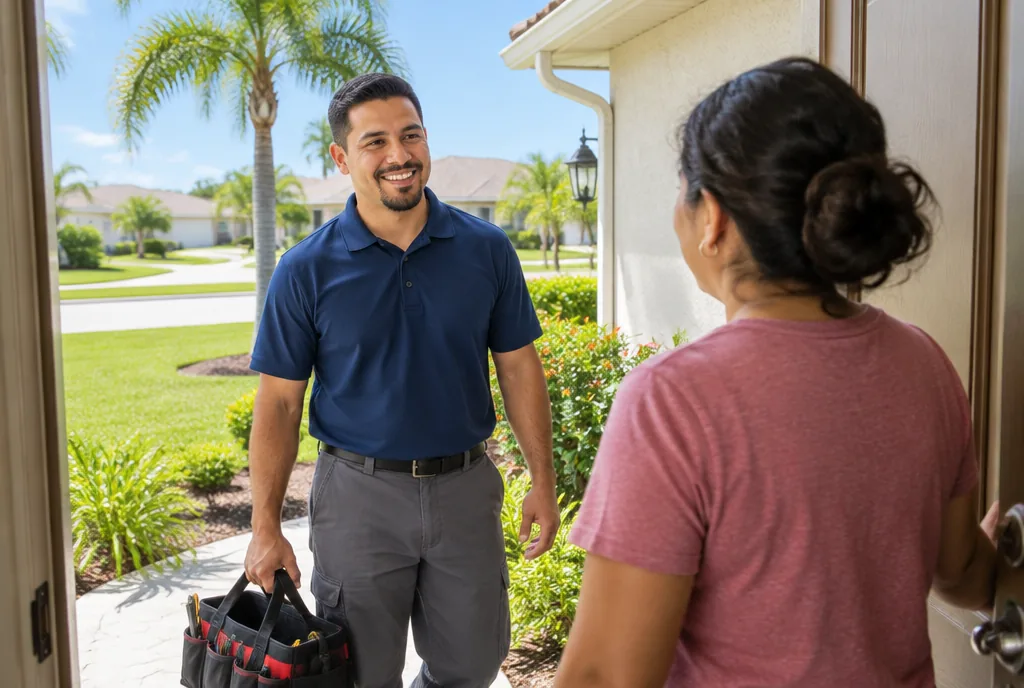 Hispanic HVAC technician with a tool bag greeted by a homeowner at her front door