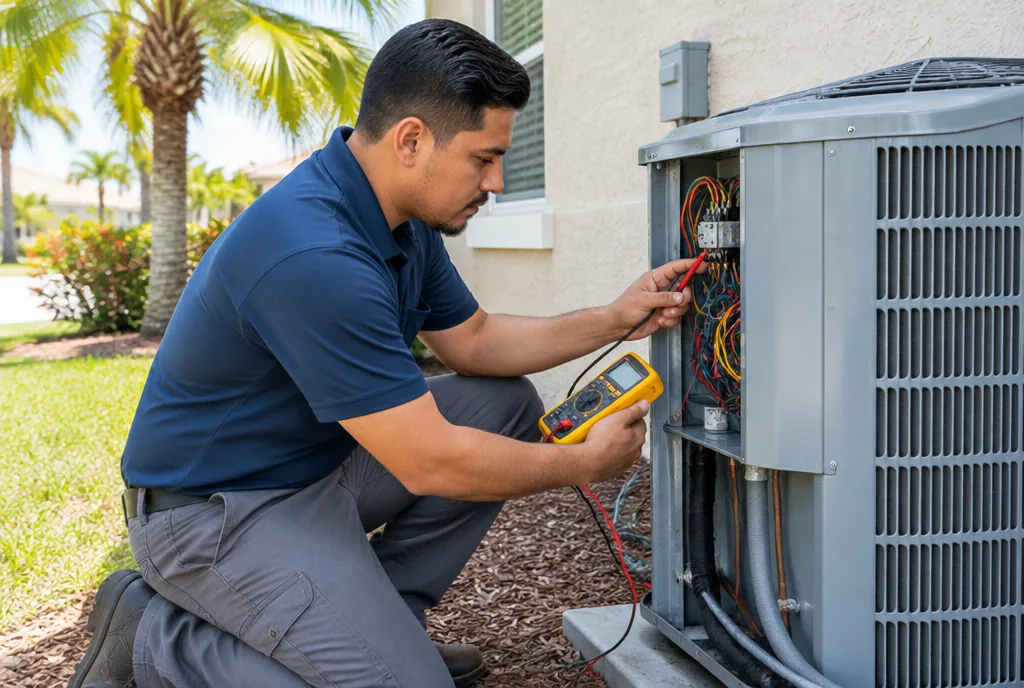 HVAC technician kneeling at an outdoor AC condenser with the service panel open, testing wiring with a digital multimeter, stucco Florida home and palm tree