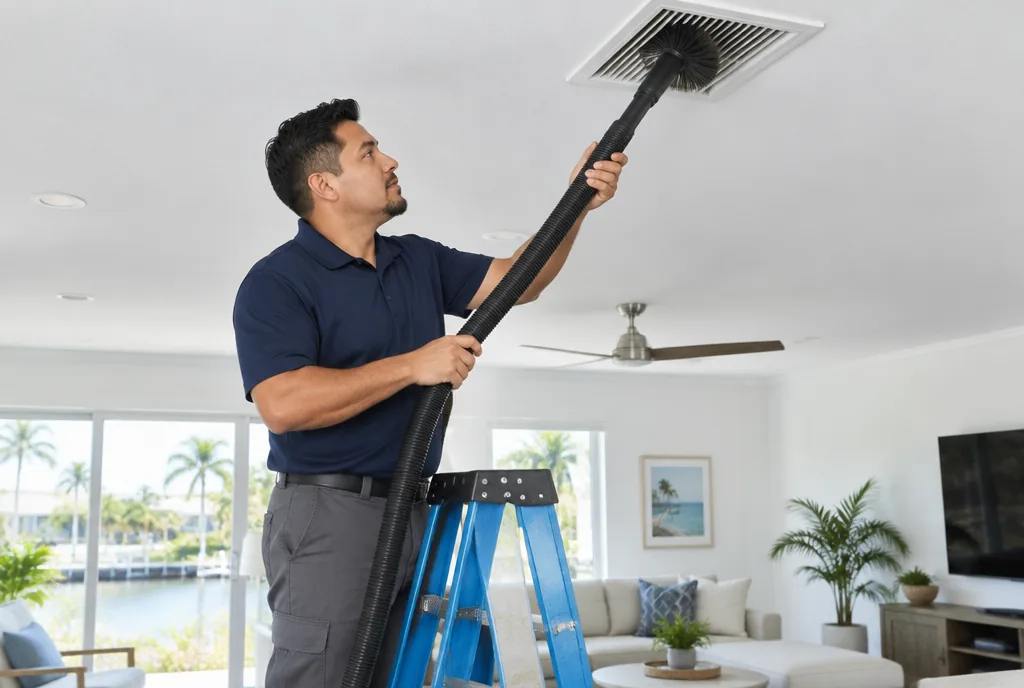 HVAC technician on a step ladder cleaning a ceiling air vent with a duct brush and vacuum hose