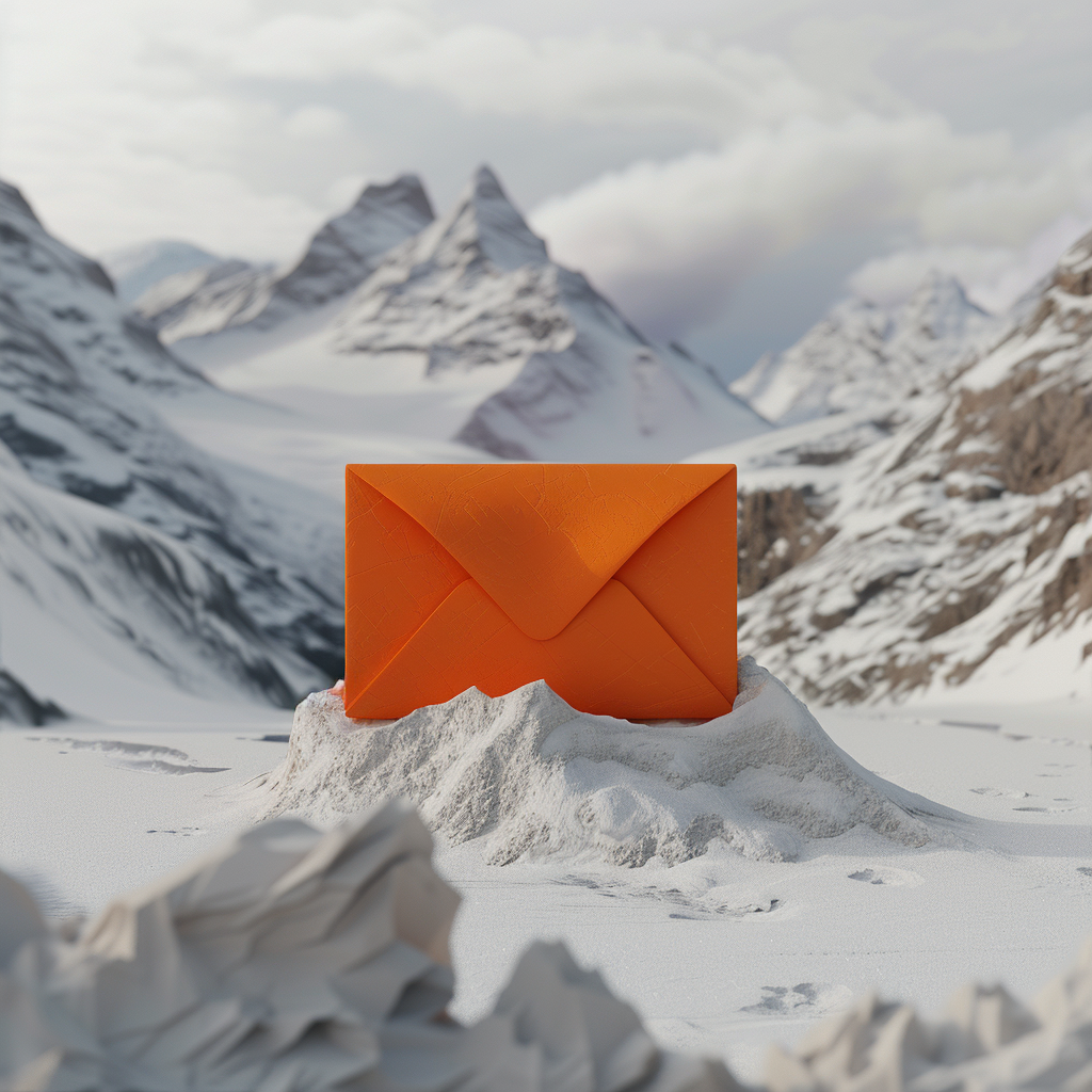 An email sits atop a pile of snow, with mountains visible in the distance