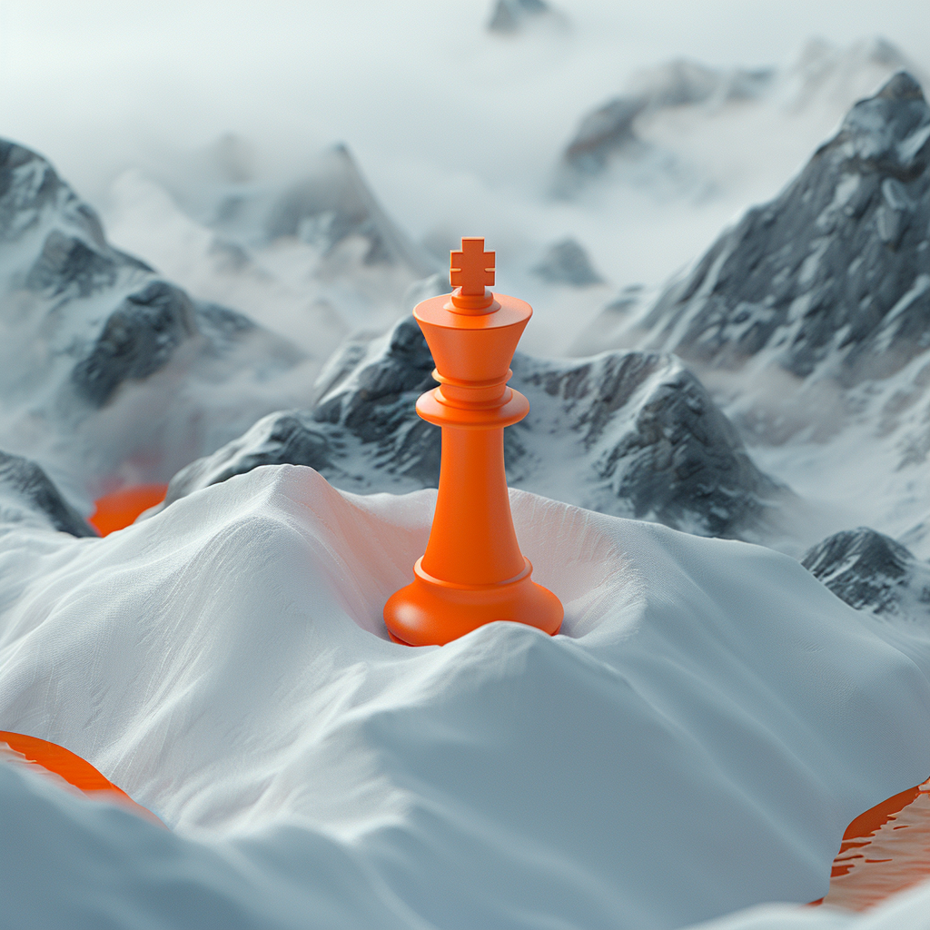 A chess piece towers over mountain peaks, a symbol of Rogue's strategic marketing.