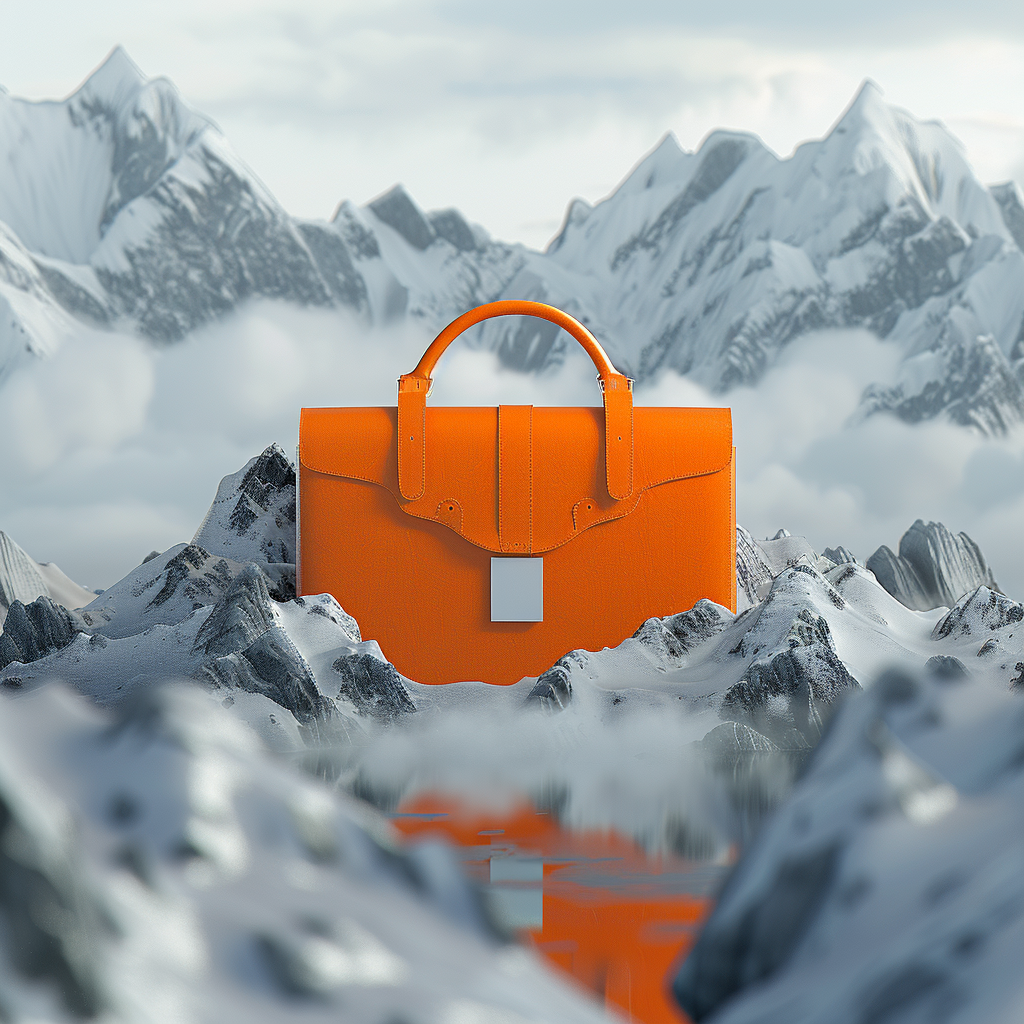 A business coach's leather briefcase sits amongst an alaskan mountain range.