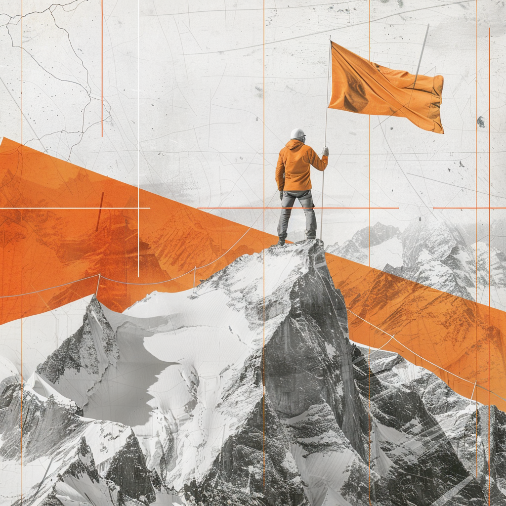 A triumphant climber plants a "Rogue Orange" flag atop an Alaskan peak.