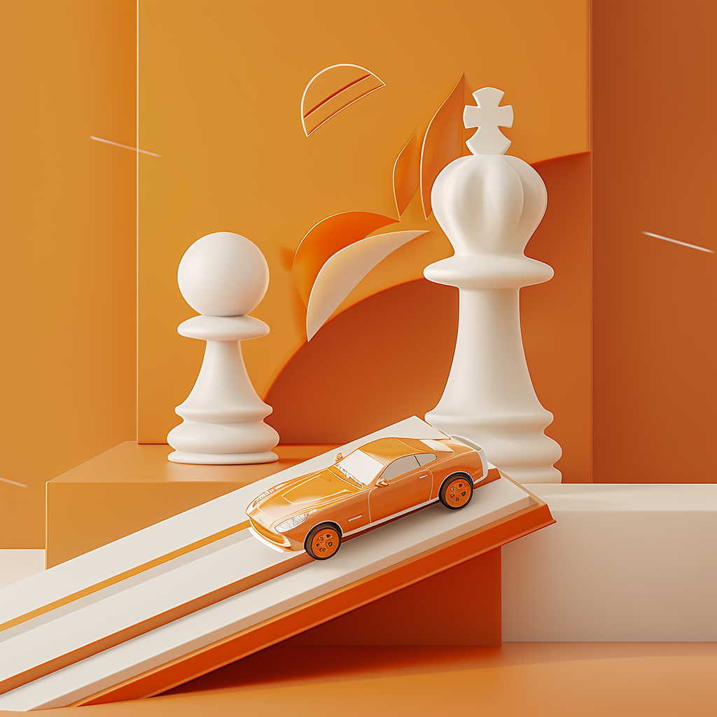 A chess pieces tower over a model classic Porche