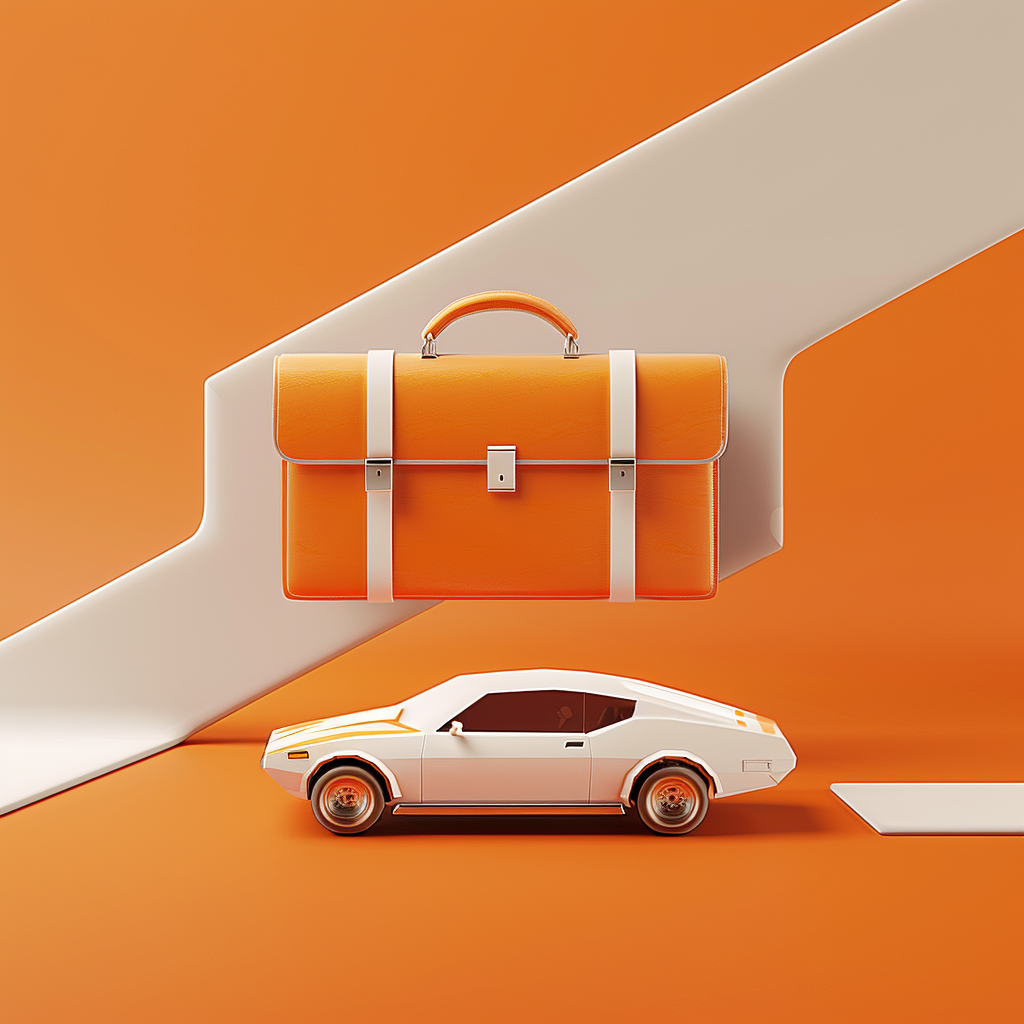 A leather briefcase floats above a beautiful white car