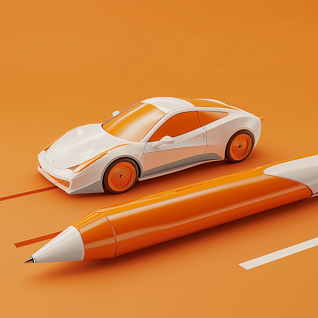 An ink pen lies next to a model sports car