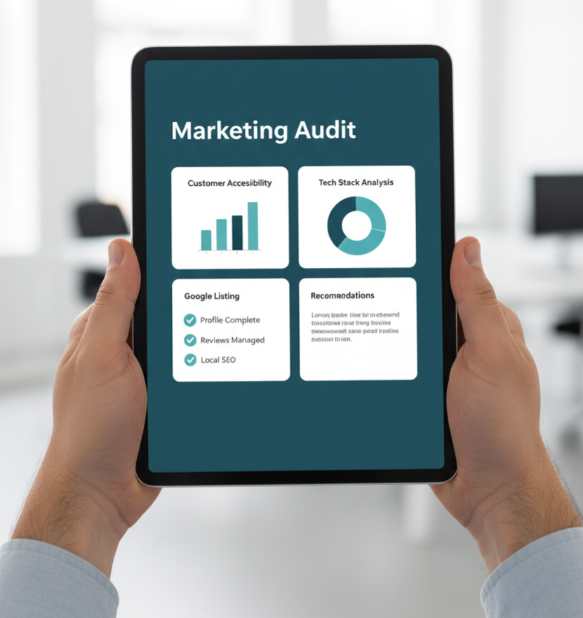 Photorealistic iPad portrait mockup showing a Marketing Audit dashboard: headline 'Marketing Audit', items 'Customer Accessibility', 'Tech Stack Analysis', 'Google Listing', 'Recommendations', a bar chart, a pie chart, a checklist with checked and unchecked items, and a small 'Free Audit' badge on a white card over a dark teal background with #933C06 callouts.