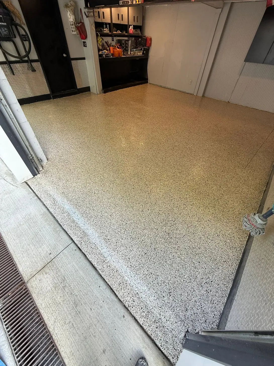 Epoxy flake floor with polyaspartic topcoat in Northeast Ohio