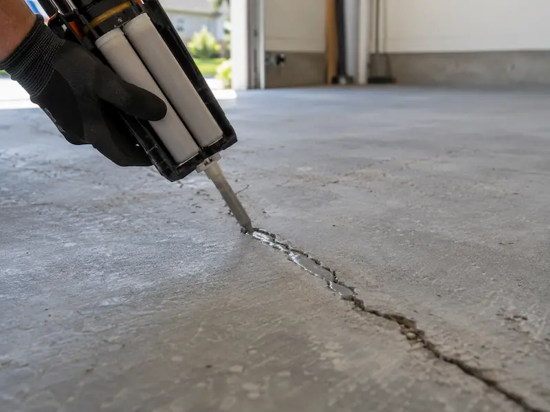 Filling a crack in a ground concrete garage floor with repair material before coating