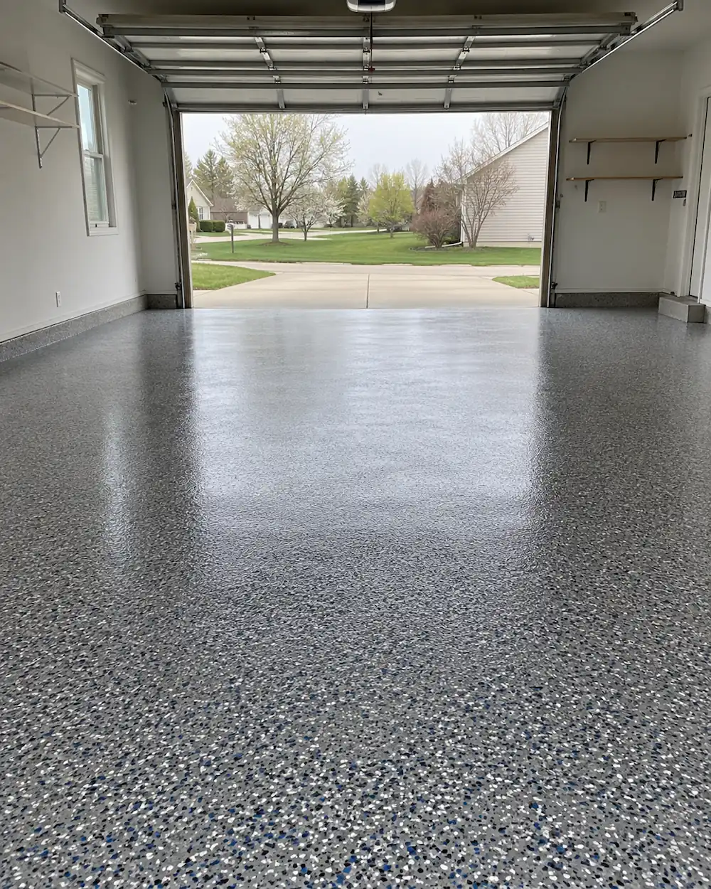 Glossy gray epoxy flake garage floor coating in a clean residential garage in Northeast Ohio