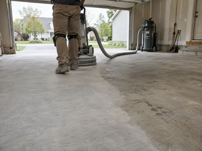 Diamond grinding a concrete garage floor with a dust-extraction vacuum before an epoxy coating