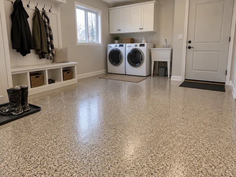 Seamless tan epoxy flake floor in a mudroom and laundry room with a bench, boot tray, washer and dryer