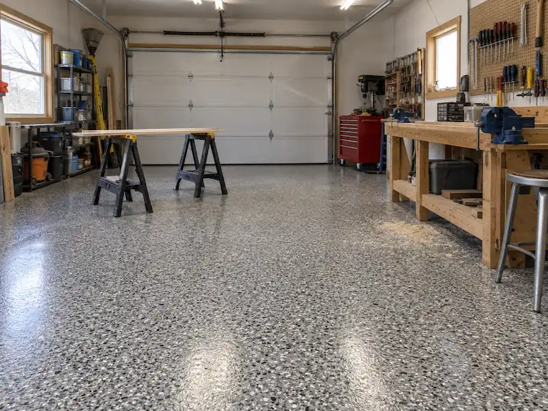 Epoxy flake floor in a home workshop with a workbench, pegboard and sawhorses