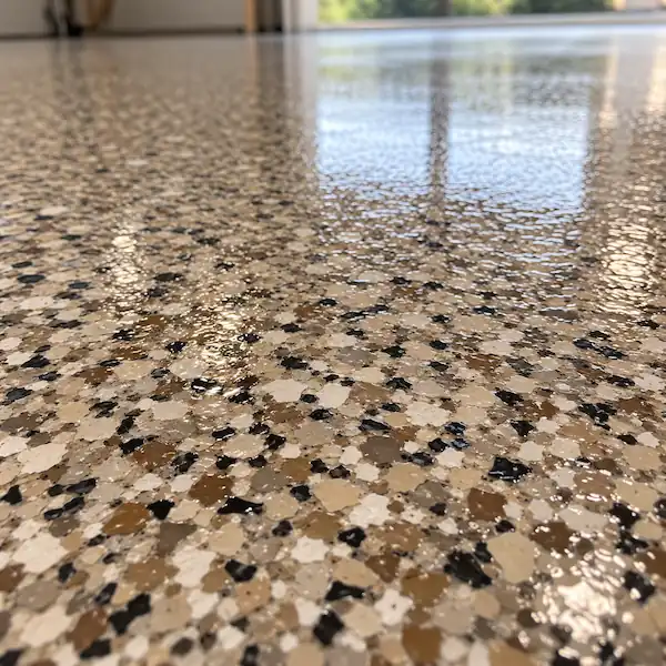 Close-up of a warm tan epoxy flake blend sealed under a clear glossy topcoat