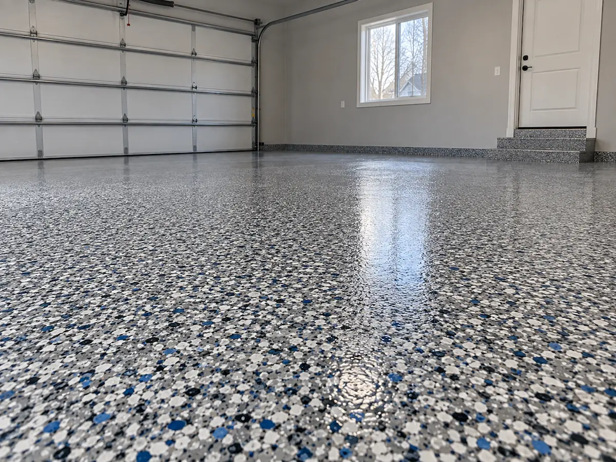 Glossy full-broadcast epoxy flake floor in a gray, white and blue blend with a polyaspartic topcoat