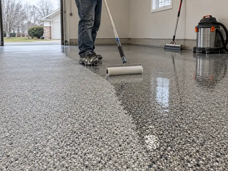Clear polyaspartic topcoat being rolled over a full-broadcast flake floor, glossy where coated and matte where not