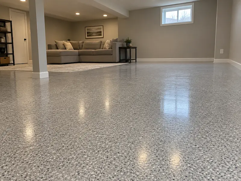 Light gray epoxy flake floor in a finished basement with a sofa and a basement window