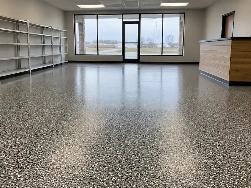 Small retail shop interior with storefront windows, shelving and a charcoal flake floor