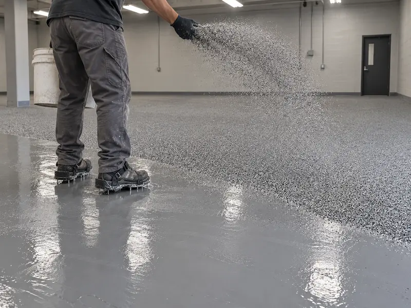 Installer in spiked shoes broadcasting colored quartz granules into a wet gray epoxy base coat