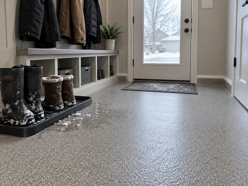 Mudroom with a bench, snowy boots on a tray and a seamless warm gray quartz epoxy floor