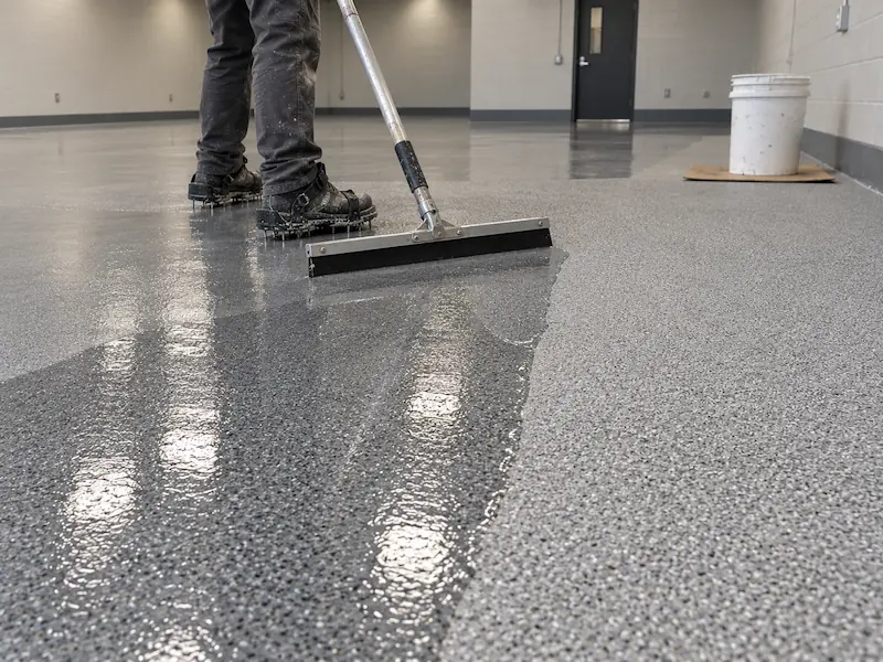 Clear grout coat being pulled across a quartz floor with a flat squeegee, darker and glossier where coated