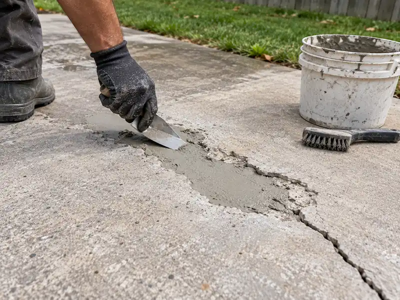 Gloved hand troweling repair mortar into a spalled patch and crack on a concrete slab