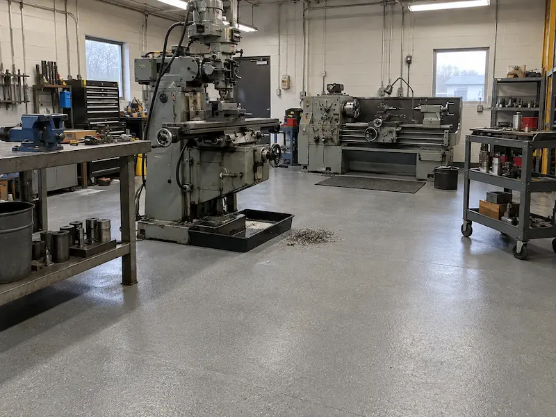 Small machine shop with a milling machine, a lathe and a seamless gray coated floor