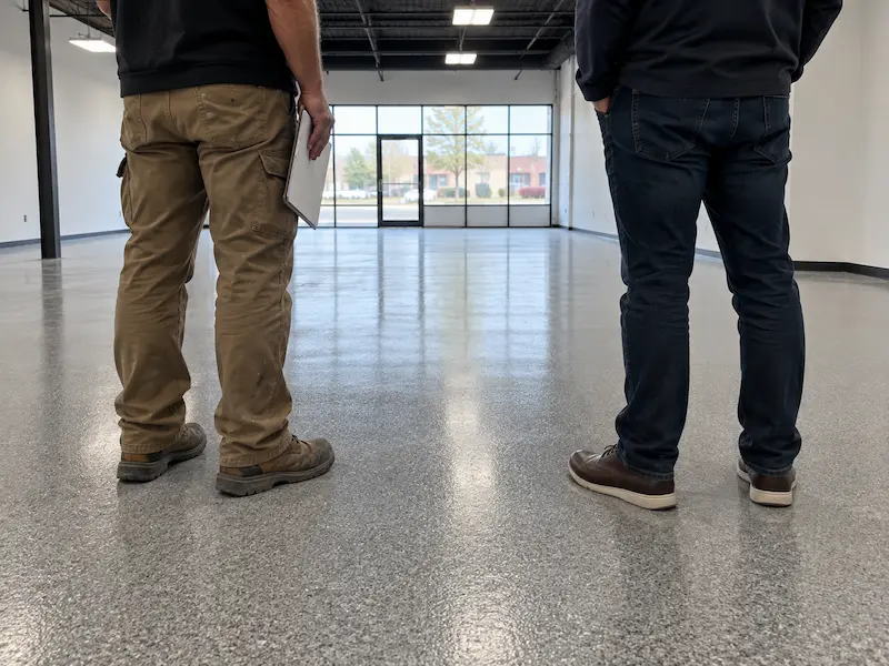 Contractor and business owner walking a finished coated commercial floor