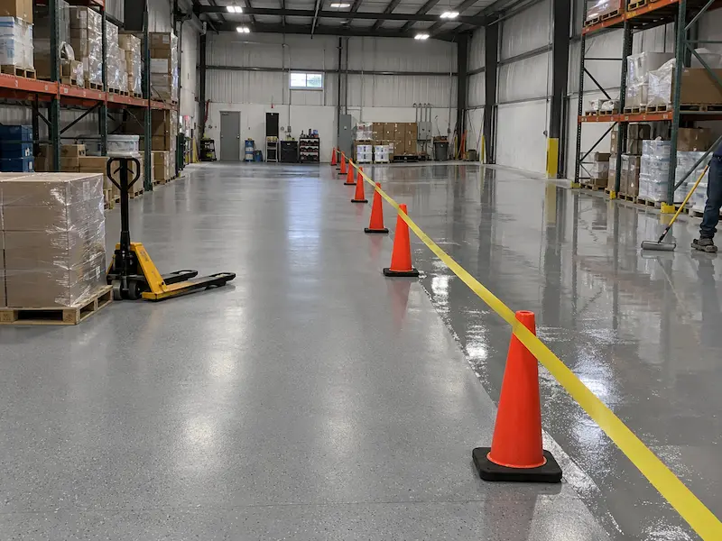 Warehouse floor coated in phases, with cones and caution tape separating the open side from the freshly coated side