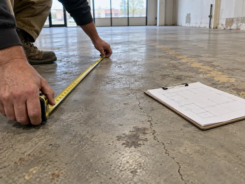 Hands measuring a worn, cracked concrete floor with a tape measure beside a clipboard and floor plan
