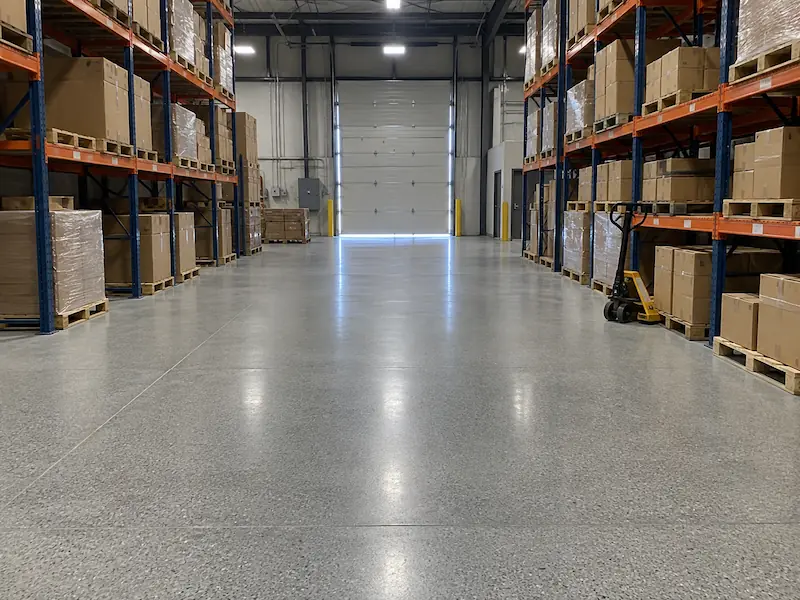 Local warehouse aisle with pallet racking, a manual pallet jack and a seamless gray coated floor