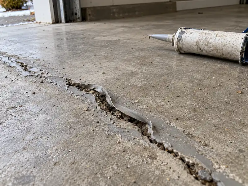 Shrunken caulk-style filler peeling out of a crack in a garage floor, with a used tube lying nearby