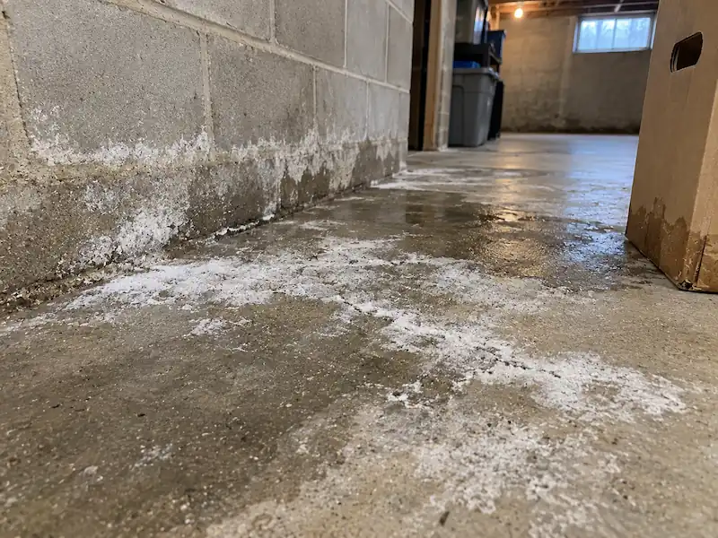 White powdery efflorescence and damp patches on a basement concrete floor beside a block wall, with a water-stained cardboard box