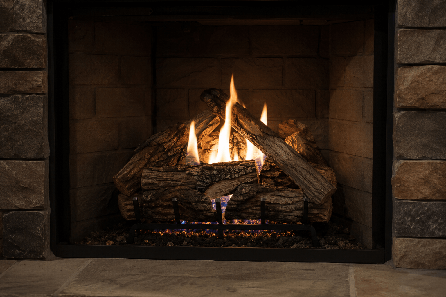 A beautifully installed log sets & accessories in a home setting