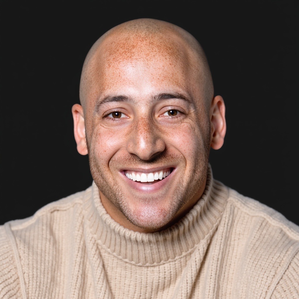 Kevin Hines smiling in a light sweater against a dark background