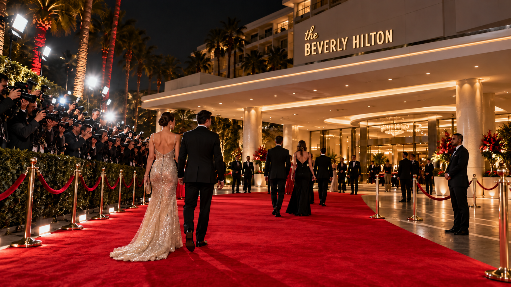 Illustrative concept of an evening red-carpet arrival at The Beverly Hilton