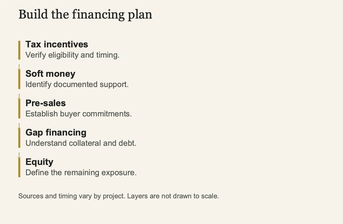 Build the financing plan. Tax incentives: Verify eligibility and timing. Soft money: Identify documented support. Pre-sales: Establish buyer commitments. Gap financing: Understand collateral and debt. Equity: Define the remaining exposure.