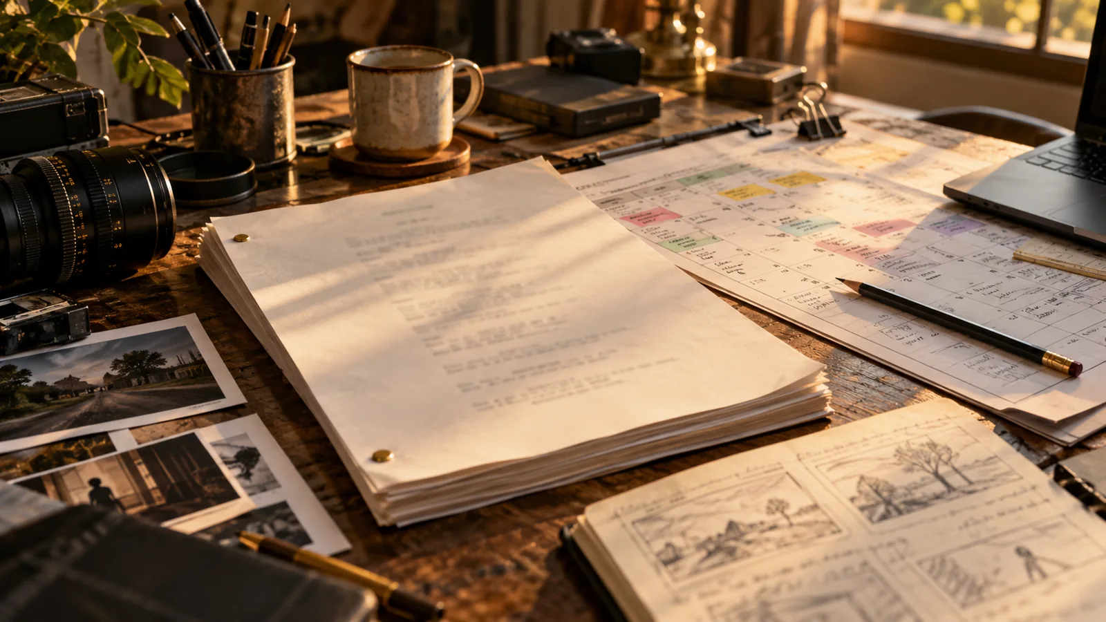 Editorial illustration of film planning materials on a production table